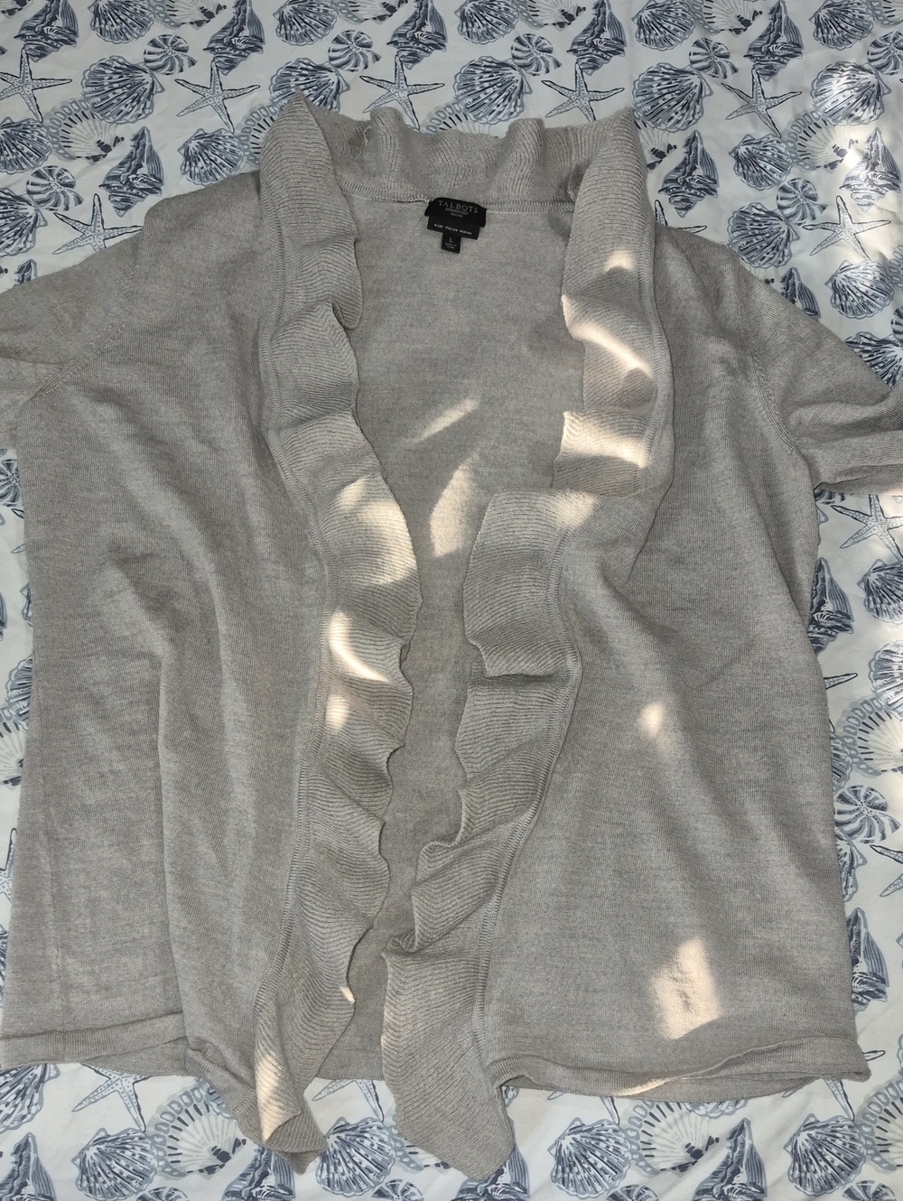 100% Wool Talbots Light Gray Ruffle-Trim Open Cardigan